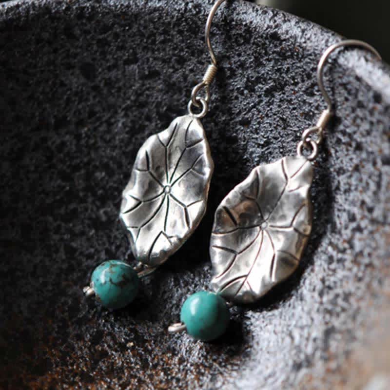 Orecchini pendenti con protezione a forma di foglia di loto turchese in argento sterling 925 Buddha Stones - image 5
