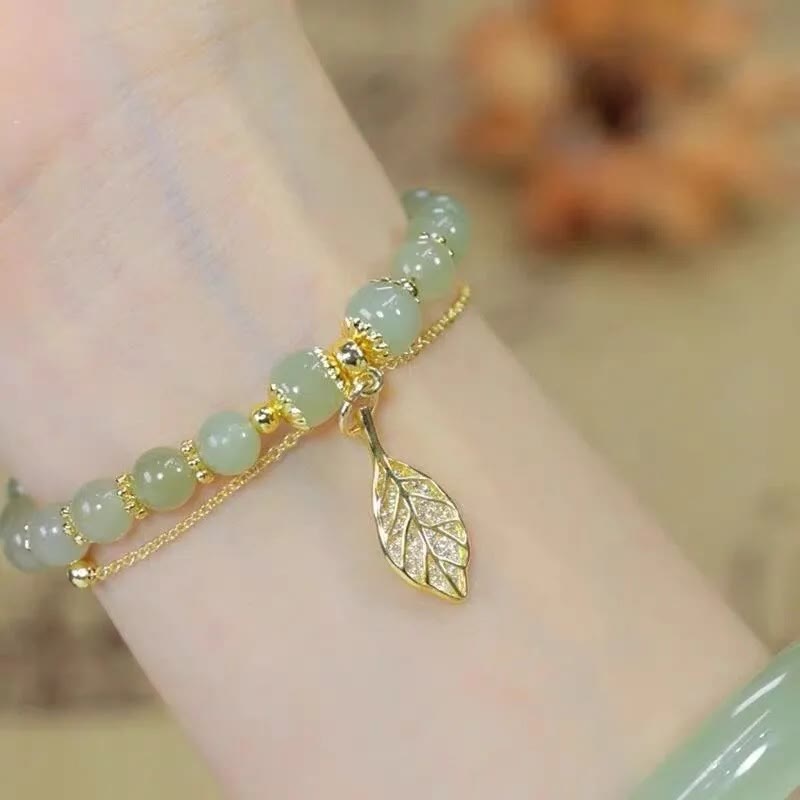 Braccialetto di perline con carattere Fu , Buddha Stones di giada, foglia di ginkgo, tulipano, arachidi e fortuna - image 4