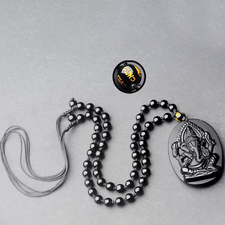 Buddha Stones Collana con amuleto della ricchezza dell'elefante Ganesh Ganpati in ossidiana tibetana - image 10