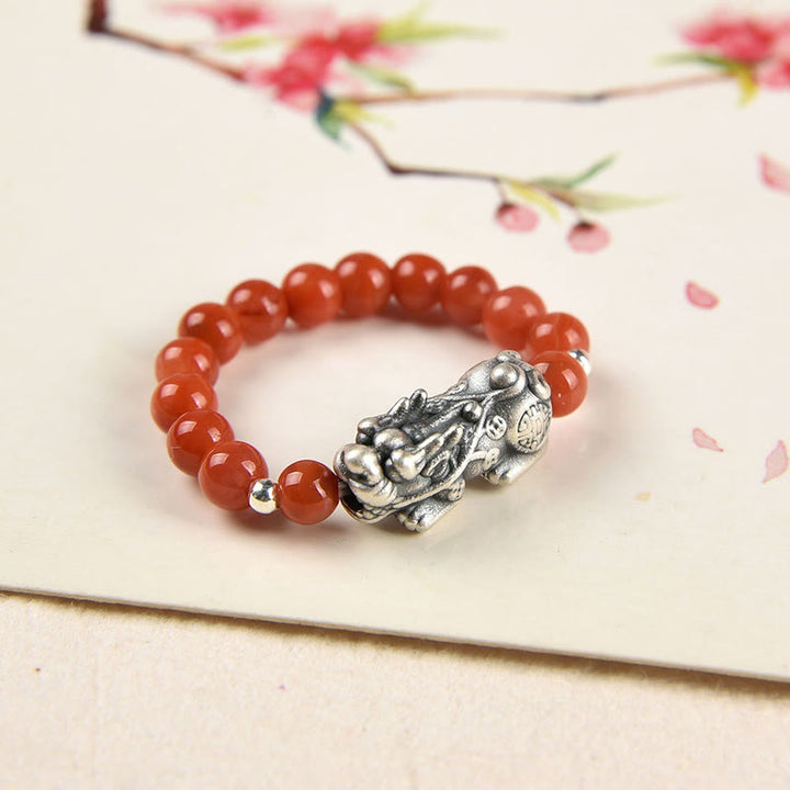 Buddha Stones 925 Sterling Silver Granato Naturale Pietra di Luna Agata Rossa Anello PiXiu Wealth