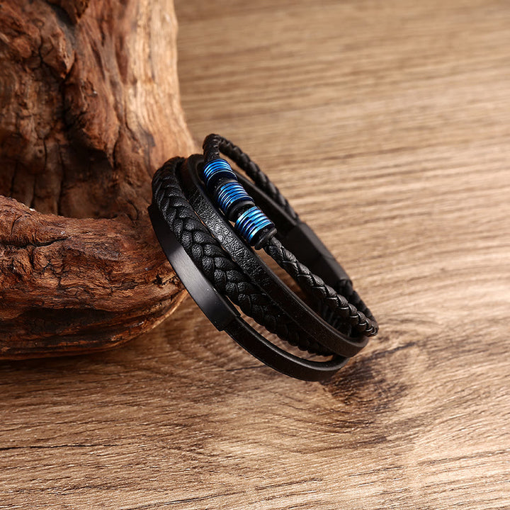 Bracciale con fibbia magnetica intrecciata in acciaio al titanio multistrato in pelle Buddha Stones