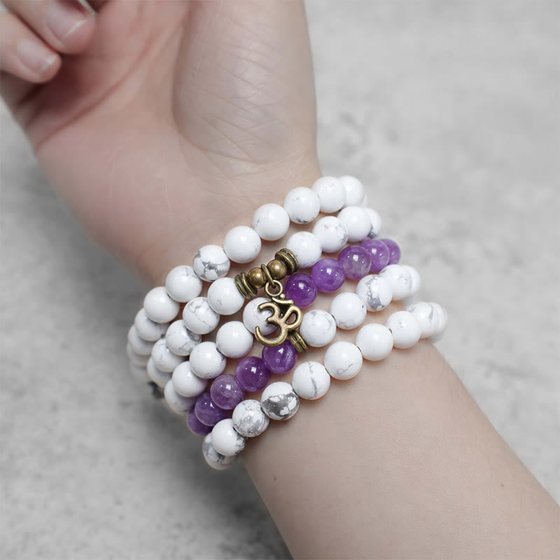 Buddha Stones 108 Mala Beads Ametista Bianco Turchese OM Braccialetto energetico per meditazione curativa - image 6