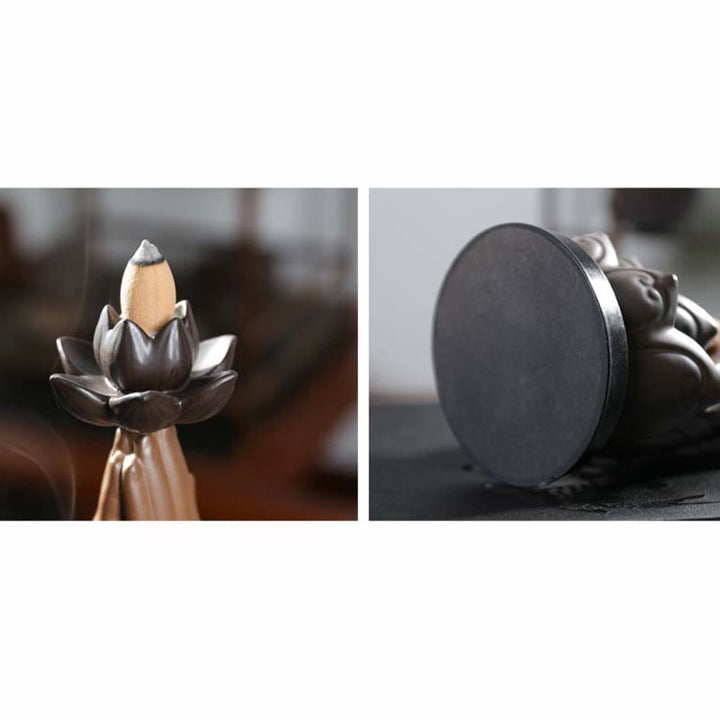 Buddha Avalokitesvara Chenrezig Ksitigarbha Ceramica Loto Benedizione Bruciatore di Incenso a Flusso Inverso