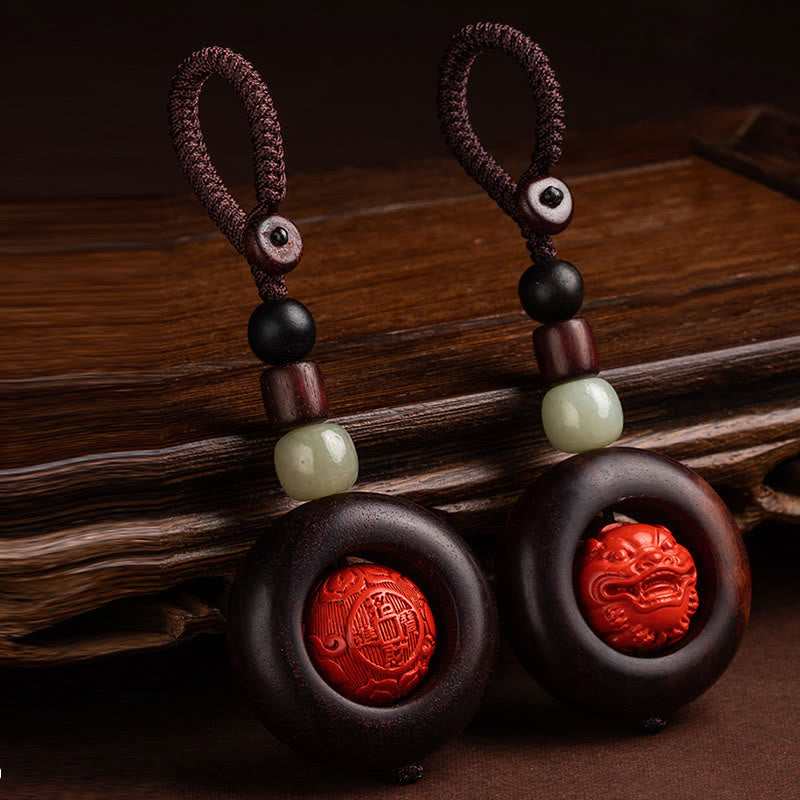 Buddha Stones Tibet Om Mani Padme Hum PiXiu Moneta di rame Piccola foglia Sandalo rosso Cinabro Protezione Portachiavi