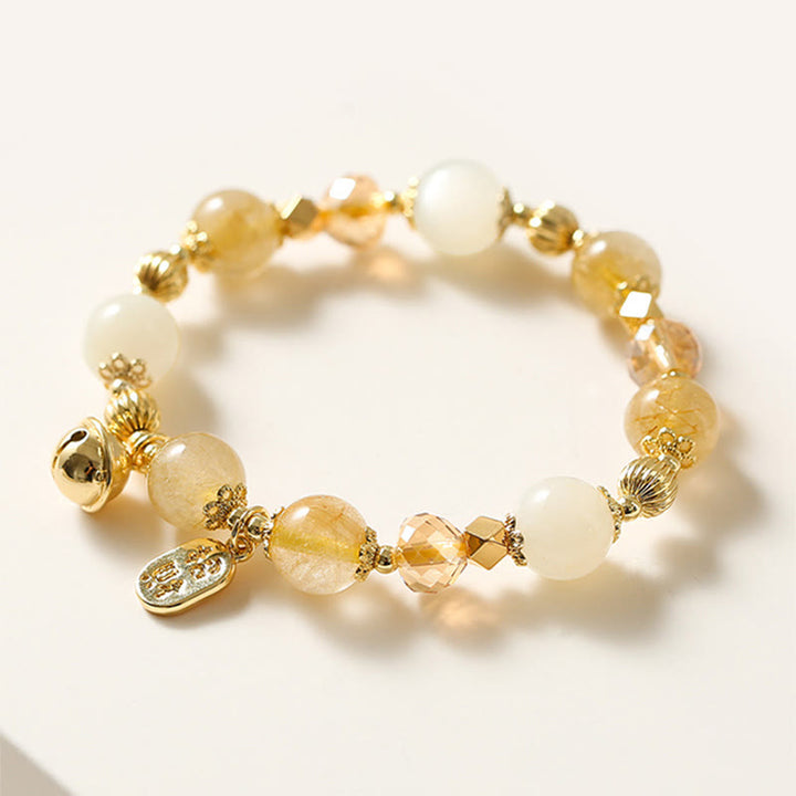 Braccialetto con ciondolo fortunato con campanella della ricchezza in quarzo rutilato dorato placcato oro 14K Buddha Stones