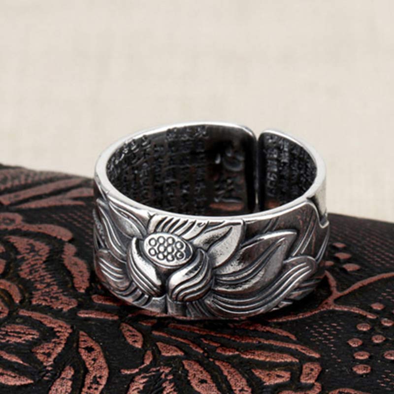 Anello di protezione del sutra del cuore con simbolo del loto in argento sterling 999 Buddha Stones - image 3