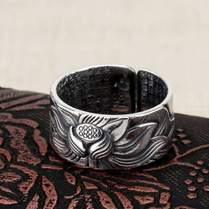 Anello di protezione del sutra del cuore con simbolo del loto in argento sterling 999 Buddha Stones - image 3