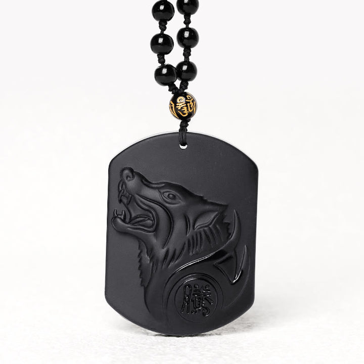 Collana con ciondolo di purificazione del lupo in pietra di ossidiana nera Buddha Stones