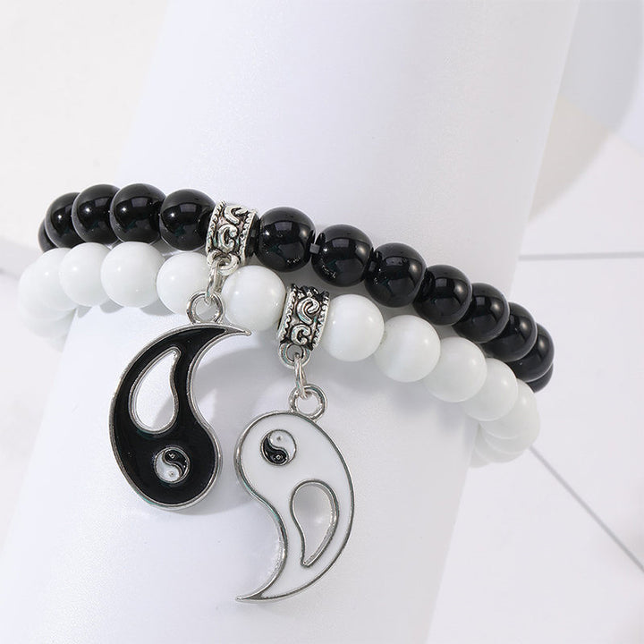 Buddha Stones 2 pezzi Braccialetto di coppia di protezione Yin Yang con perline di turchese bianco e onice nero