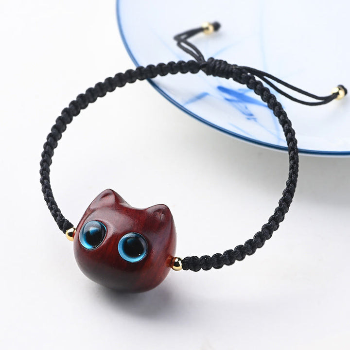 Braccialetto intrecciato con testa di gatto, piccola foglia, sandalo rosso, ebano, protezione calma, Buddha Stones - Sandalo rosso a foglia piccola (allontana gli spiriti maligni ♥ Protezione) (circonferenza del polso 14-16 cm) - image 1