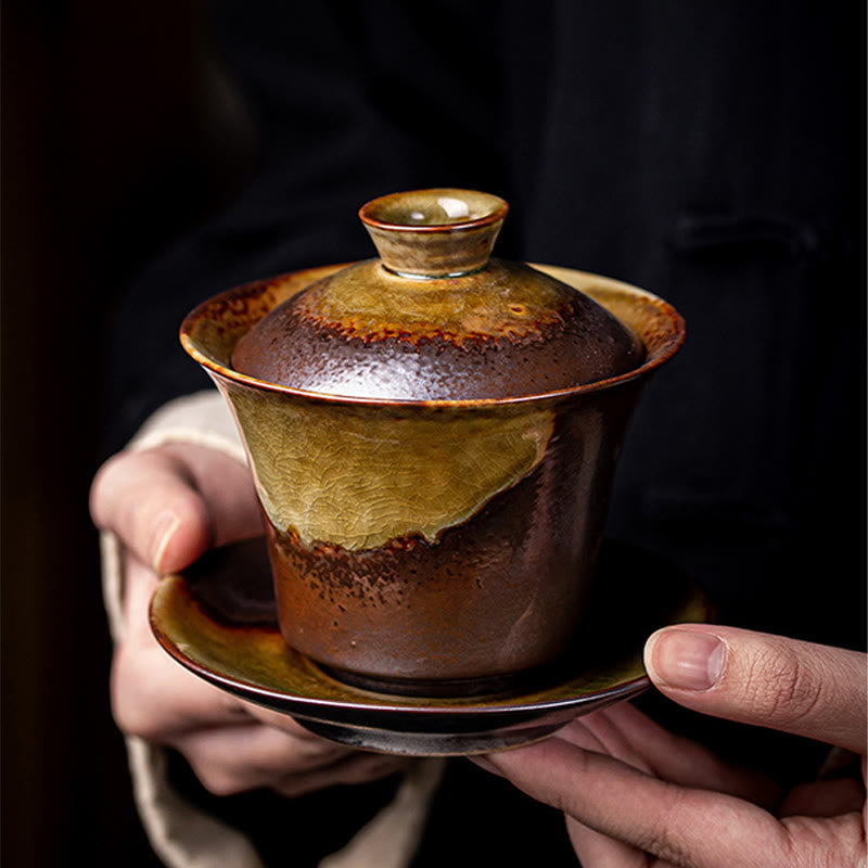 Buddha Stones Vintage Brown Kiln Change Design Porcellana Ceramica Gaiwan Sancai Tazza da tè Kung Fu Tazza da tè e piattino con coperchio