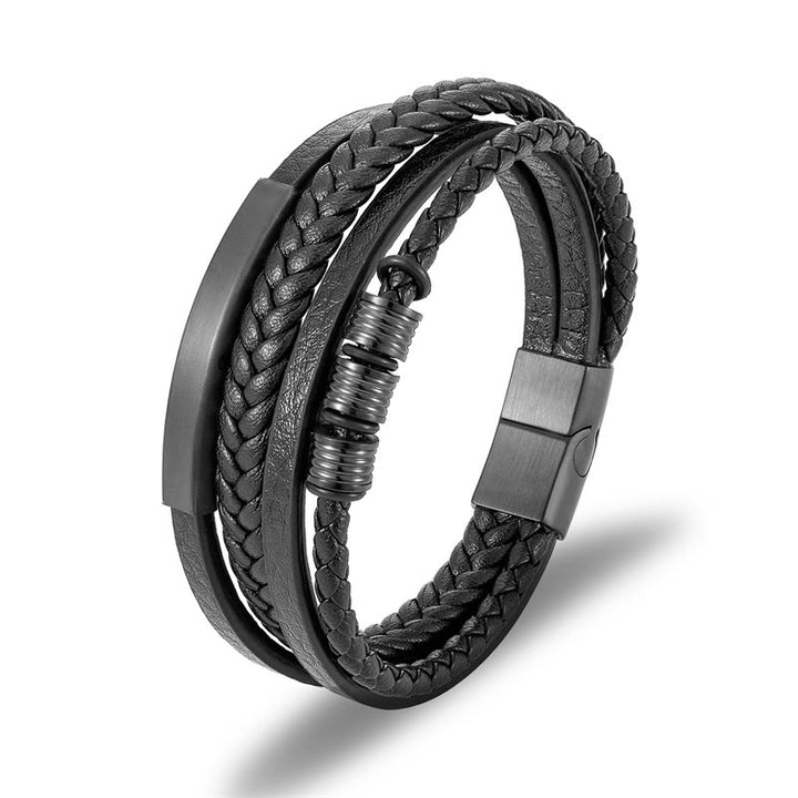 Bracciale con fibbia magnetica intrecciata in acciaio al titanio multistrato in pelle Buddha Stones