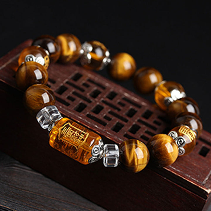 Braccialetto della fortuna e della prosperità con perline di occhio di tigre e Buddha Stones