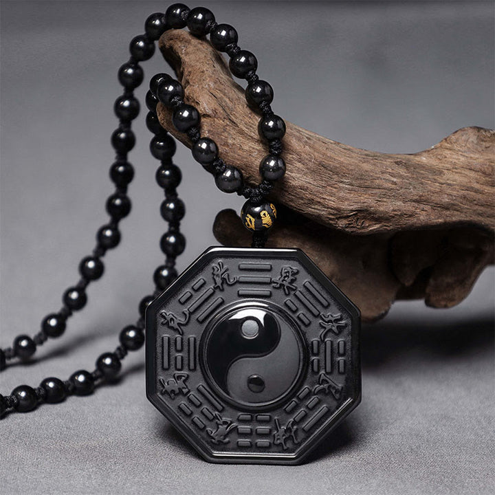 Buddha Stones Collana con ciondolo Yin Yang in pietra di ossidiana nera - Ossidiana (dimensioni del pendente: 48*48 mm) - image 0