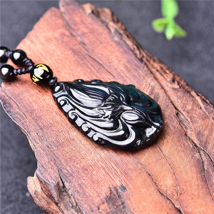 Buddha Stones Ossidiana arcobaleno naturale Volpe a nove code Collana di pace interiore Ciondolo con perline