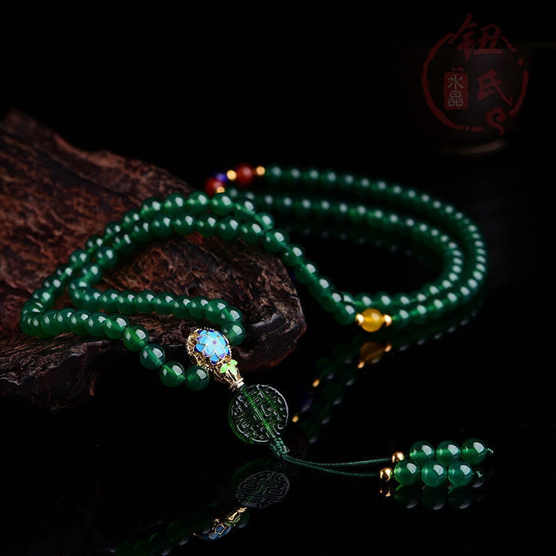 Buddha Stones 108 Mala Beads Braccialetto di supporto energetico in agata verde naturale