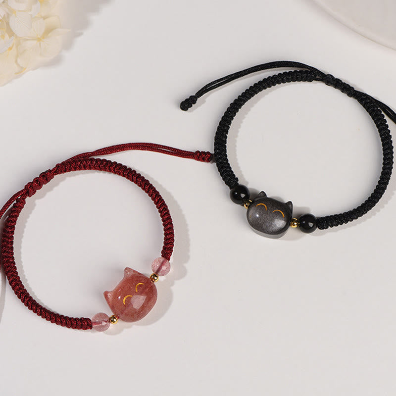 Braccialetto intrecciato con protezione per gatti carino, in ossidiana lucida d'argento naturale fatto a mano, al quarzo fragola, Buddha Stones - image 2