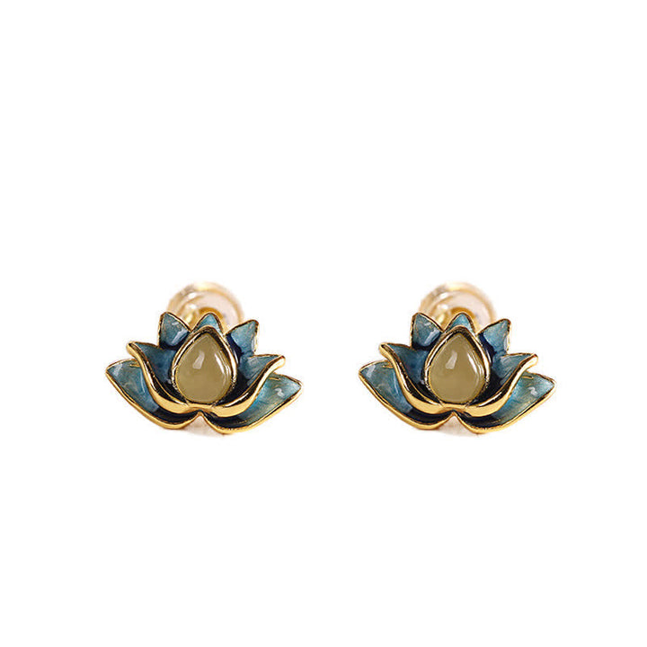 Orecchini di successo in argento sterling 925 con fiore di loto in giada ciano Hetian - image 5