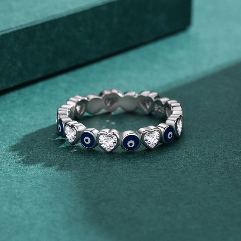 Anello di benedizione con zircone a forma di cuore con occhio malvagio in argento sterling 925 Buddha Stones - image 3