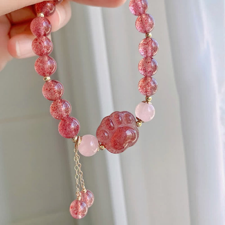 Braccialetto dell'amore con zampa di gatto portafortuna in cristallo rosa e quarzo fragola naturale Buddha Stones - image 4