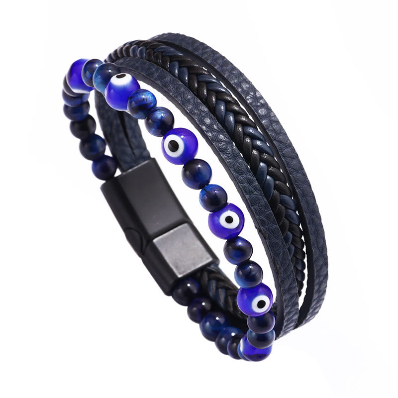 Braccialetto intrecciato multistrato con perline e protezione dell'occhio di tigre Buddha Stones e occhio maligno