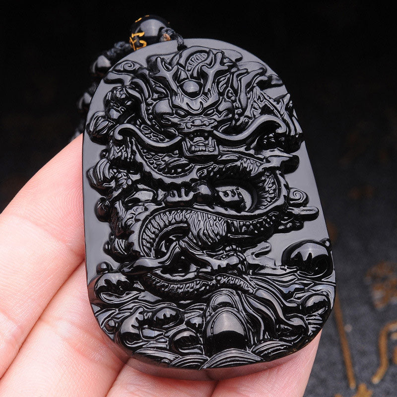 Buddha Stones Collana con ciondolo a forma di drago in pietra di ossidiana nera - image 2