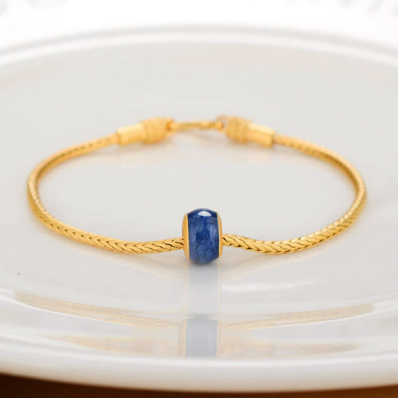 Braccialetto della pace Buddha Stones tibetane in oro 18 carati Om Mani Padme Hum, pesce koi portafortuna, carattere Fu, moneta di rame - Perlina blu - image 8