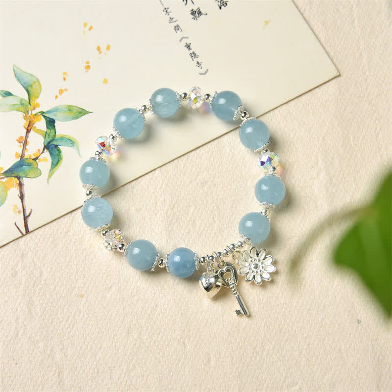 Bracciale con ciondolo a forma di chiave dell'amore con fiore di serenità in argento sterling 925 e acquamarina naturale Buddha Stones - image 4