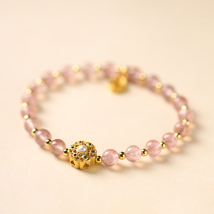 Bracciale con ciondolo positivo Fu Character Buddha Stones placcato oro 14K, quarzo fragola naturale Labradorite Sun Stone