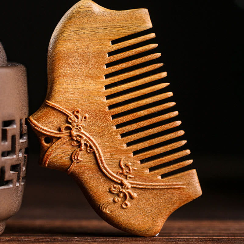 Pettine lenitivo inciso con motivo floreale in legno di sandalo verde Buddha Stones