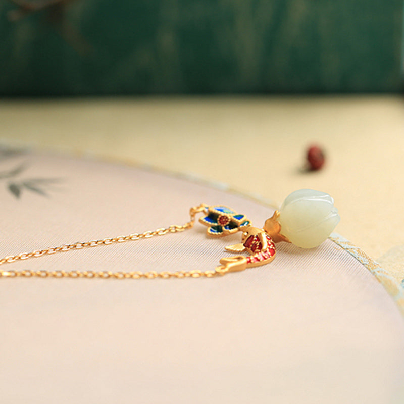 Collana con ciondolo di protezione in rame con pesce koi in giada bianca e Buddha Stones - image 7