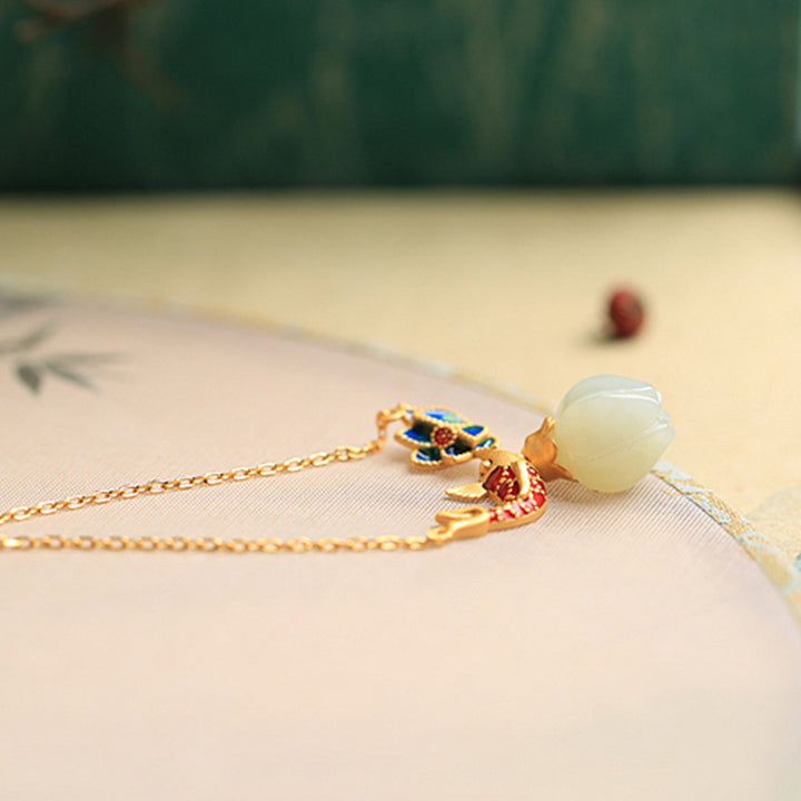 Collana con ciondolo di protezione in rame con pesce koi in giada bianca e Buddha Stones - image 7
