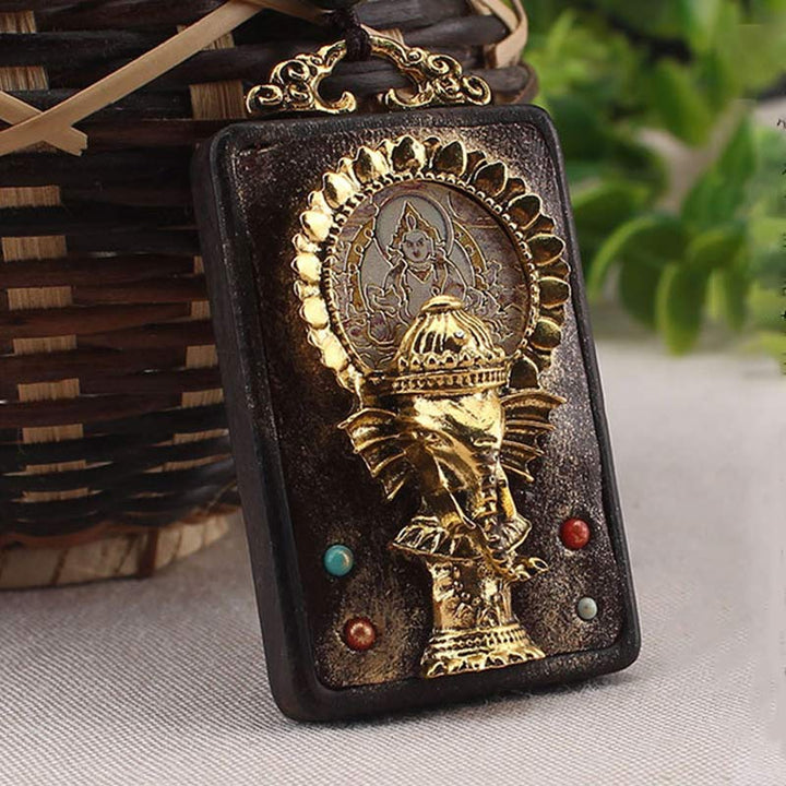 Collana con ciondolo a forma di corda con elefante in legno di ebano e dio della fortuna del Buddha - image 10