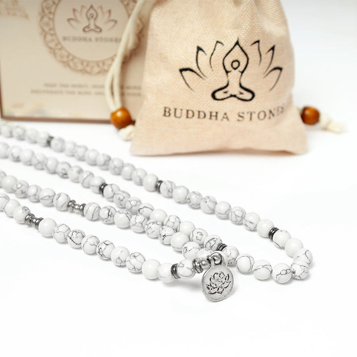 Braccialetto di guarigione Mala di loto turchese bianco Buddha Stones