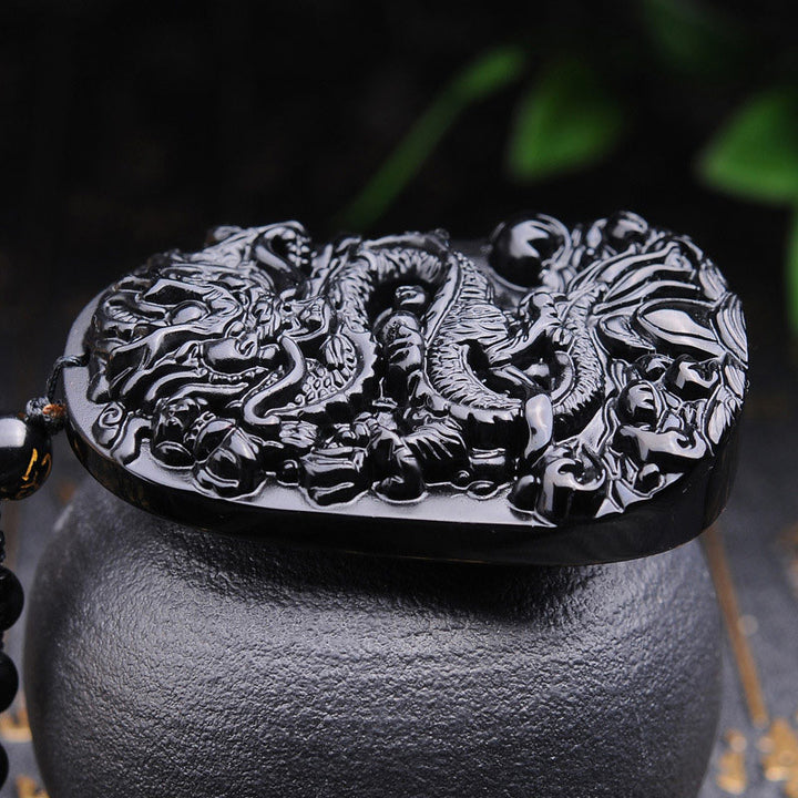 Buddha Stones Collana con ciondolo a forma di drago in pietra di ossidiana nera - image 3