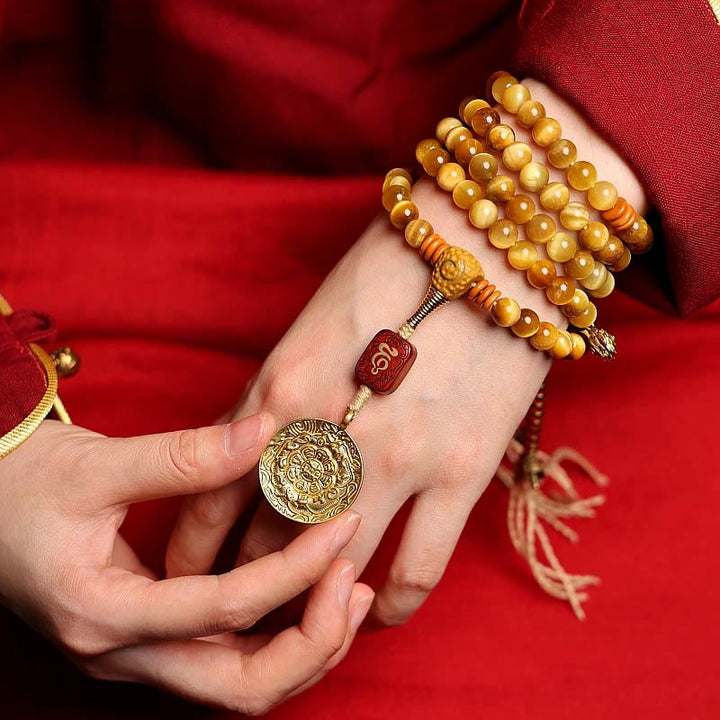 Buddha Stones 108 Mala Beads Natural Tiger Eye Rame Dorje Protezione Nappa Bracciale