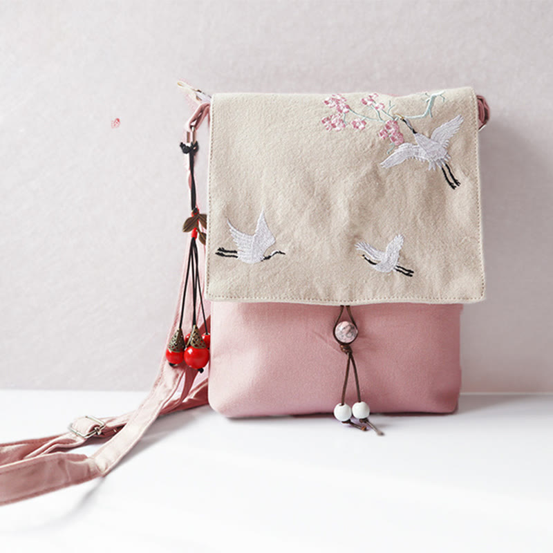 Borsa a tracolla in tela con fiori di prugna ricamati a mano , Buddha Stones, borsa a tracolla