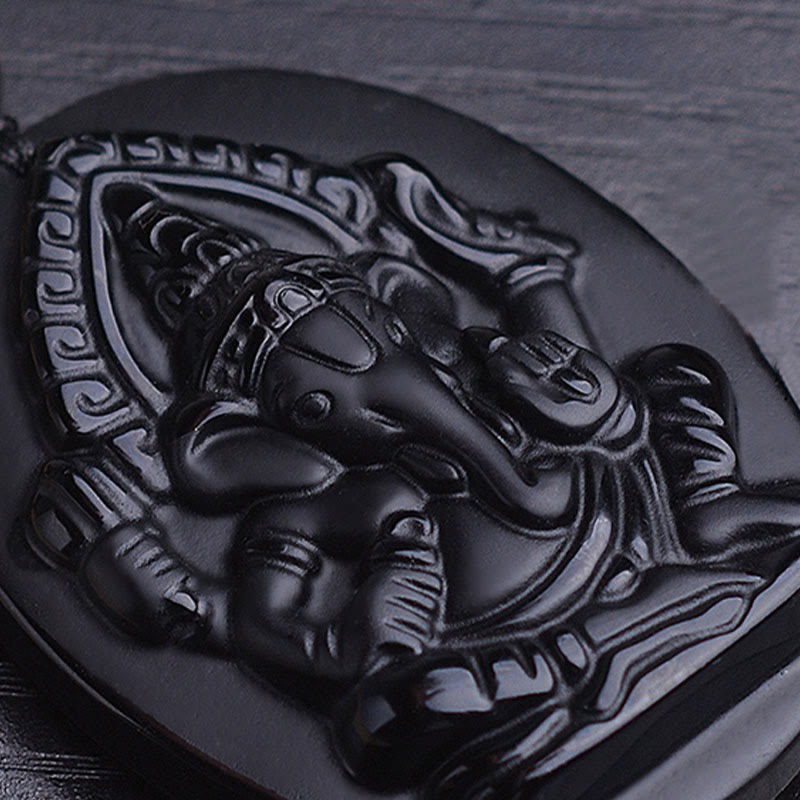 Buddha Stones Collana con amuleto della ricchezza dell'elefante Ganesh Ganpati in ossidiana tibetana - image 5