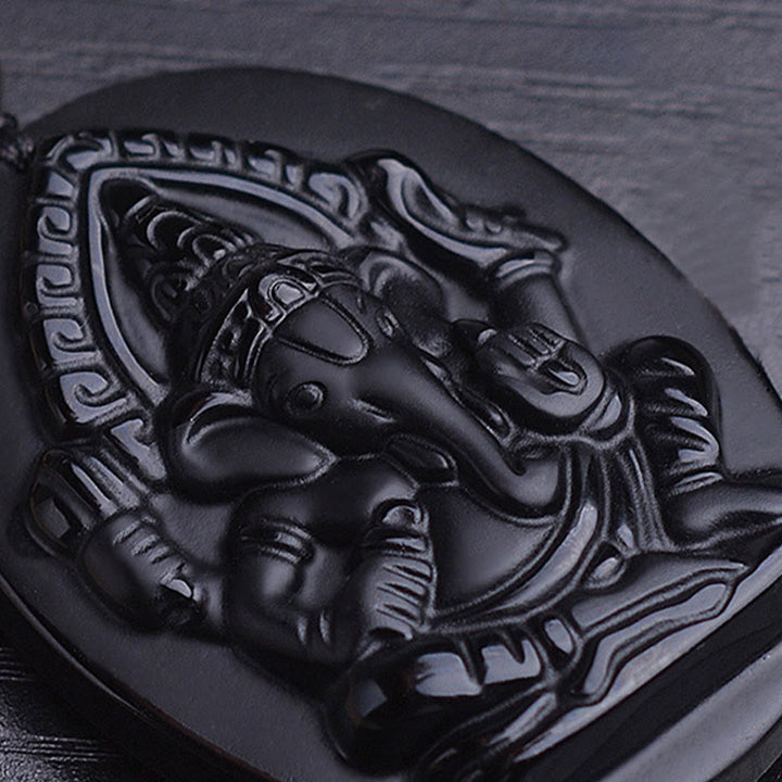 Buddha Stones Collana con amuleto della ricchezza dell'elefante Ganesh Ganpati in ossidiana tibetana - image 5