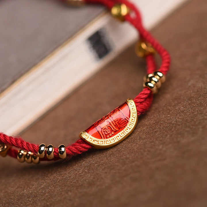 Braccialetto di corda rossa intrecciata con design di gnocchi di cinabro fatti a mano Buddha Stones