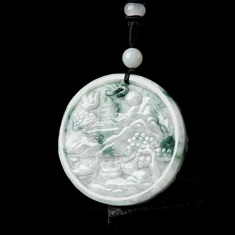 Collana con corda di abbondanza di giada con paesaggio montano Buddha Stones