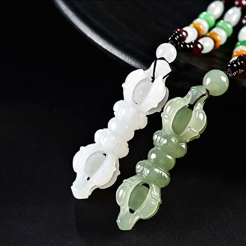 Collana con ciondolo di successo inciso Dorje Vajra in giada ciano naturale tibetana e giada bianca - image 12
