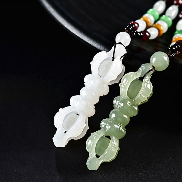 Collana con ciondolo di successo inciso Dorje Vajra in giada ciano naturale tibetana e giada bianca - image 12