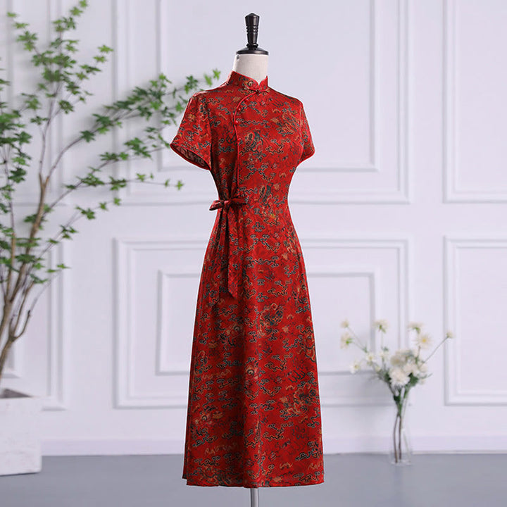 Abito da donna in cheongsam con stampa di foglie e nuvole di buon Buddha Stones vintage, abito da donna in qipao - image 1