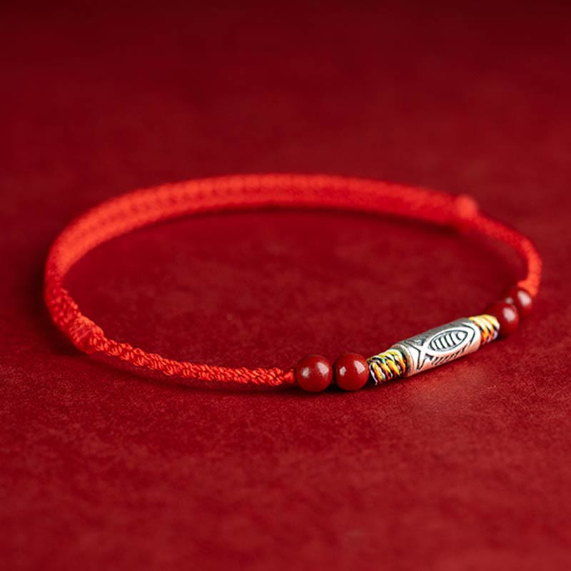 Buddha Stones 925 Sterling Silver Koi Fish Cinnabar Bead Wealth Braccialetto intrecciato artigianale Cavigliera - image 2