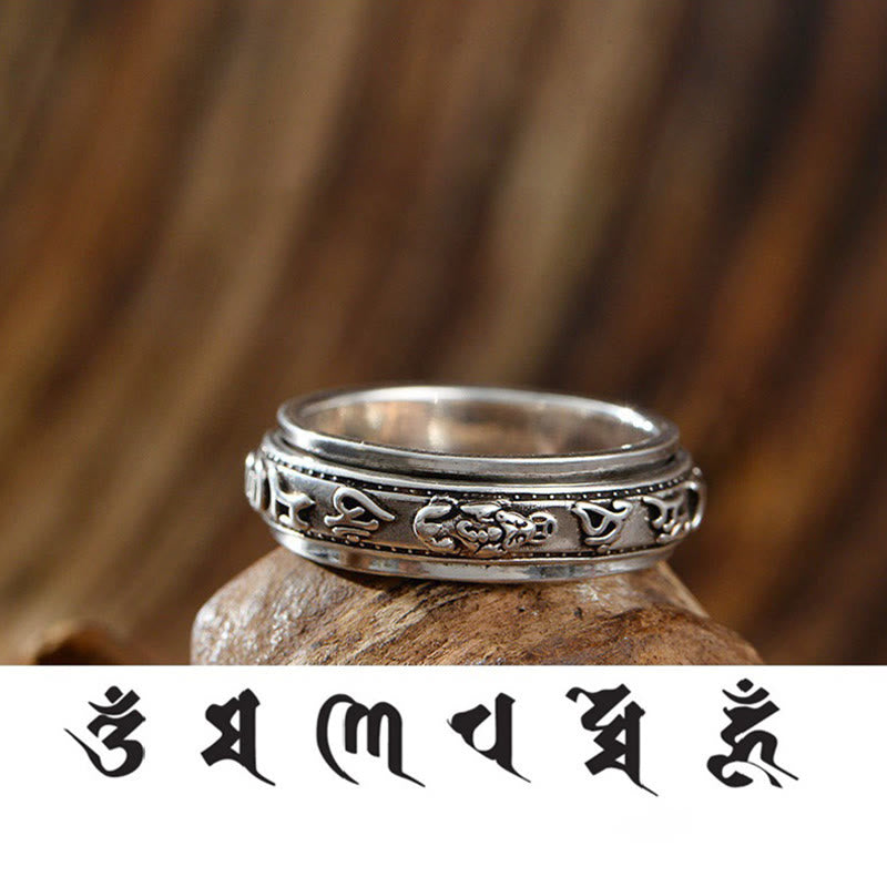 Buddha Stones Tibetano Om Mani Padme Hum PiXiu Inciso Ricchezza Fortuna Anello Rotante