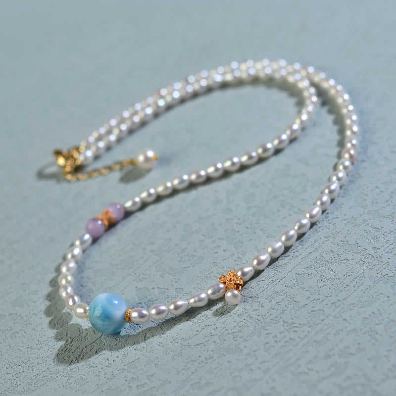 Collana con ciondolo in argento sterling 925 con perle naturali e larimar, motivo: Buddha Stones - Perla (Guarigione♥Saggezza) - image 0