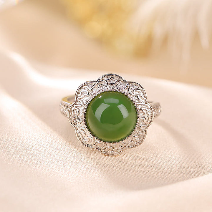 Anello regolabile con design a forma di fiore in giada ciano Hetian in argento sterling 925 Buddha Stones - image 2