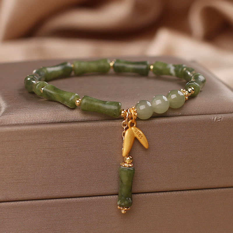 Braccialetto di fortuna con motivo a foglie di giada e bambù verde Buddha Stones