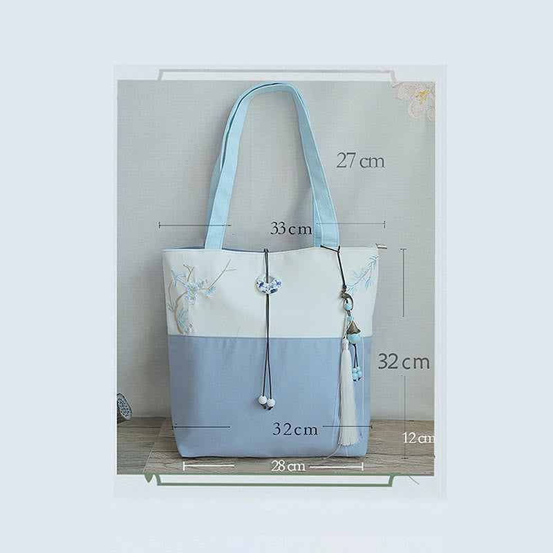 Borsa a tracolla grande capacità in tela con ricamo in bambù, prugna, fiore di pera, pesco - image 28